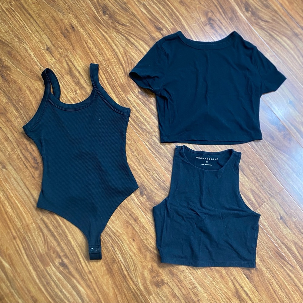 Wild Fable Aeropostale Black Bodysuit + T-Shirt + Tank Top Size Medium Casual